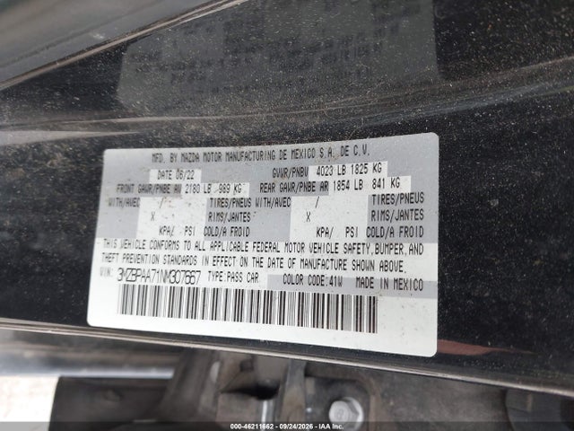 2022 Mazda Mazda3 2.0 მანქანა იყიდება აუქციონზე, vin: 3MZBPAA71NM307667, აუქციონის ნომერი: 46211662