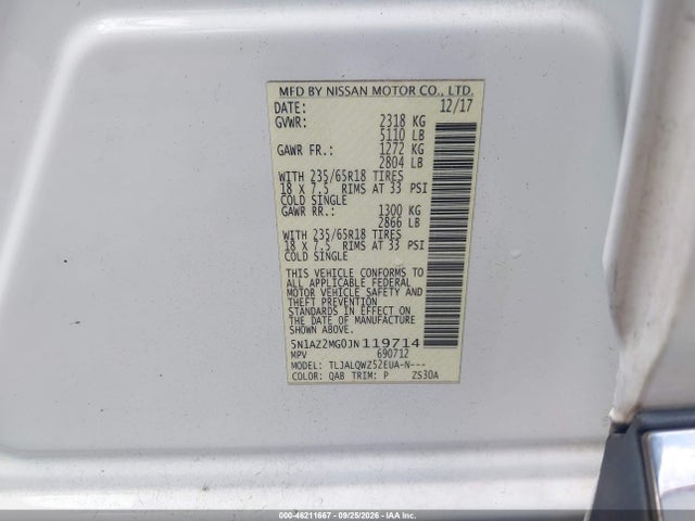 46211667 :رقم المزاد ، 5N1AZ2MG0JN119714 vin ، 2018 Nissan Murano Sv مزاد بيع