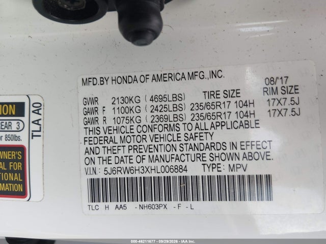 Aukcja sprzedaży 2017 Honda Cr-v Lx, vin: 5J6RW6H3XHL006884, numer aukcji: 46211677