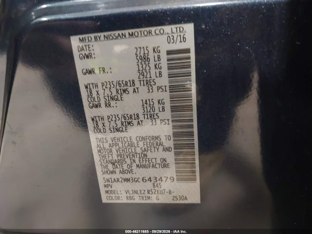 Aukcja sprzedaży 2016 Nissan Pathfinder Sv, vin: 5N1AR2MM3GC643479, numer aukcji: 46211685