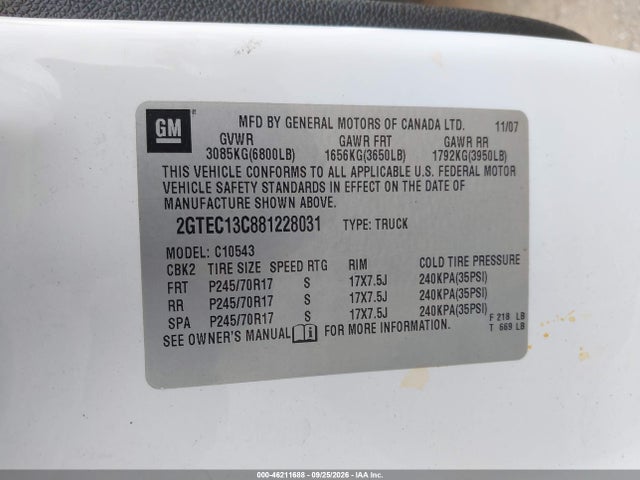 Продаж на аукціоні авто 2008 Gmc Sierra 1500 Sl, vin: 2GTEC13C881228031, номер лоту: 46211688