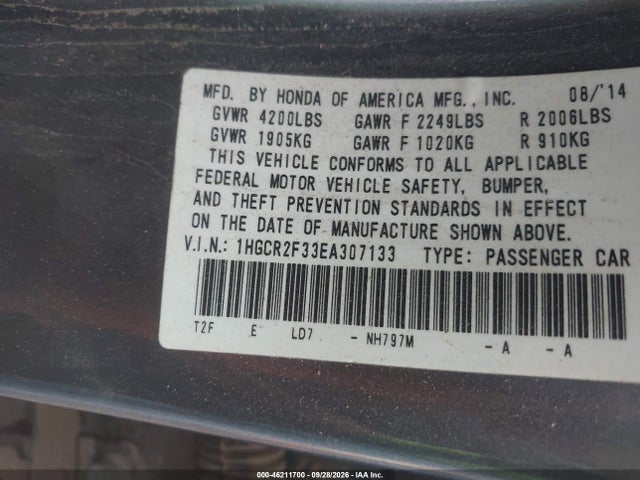 Honda ACCORD LX 2014 1HGCR2F33EA307133 Image 9