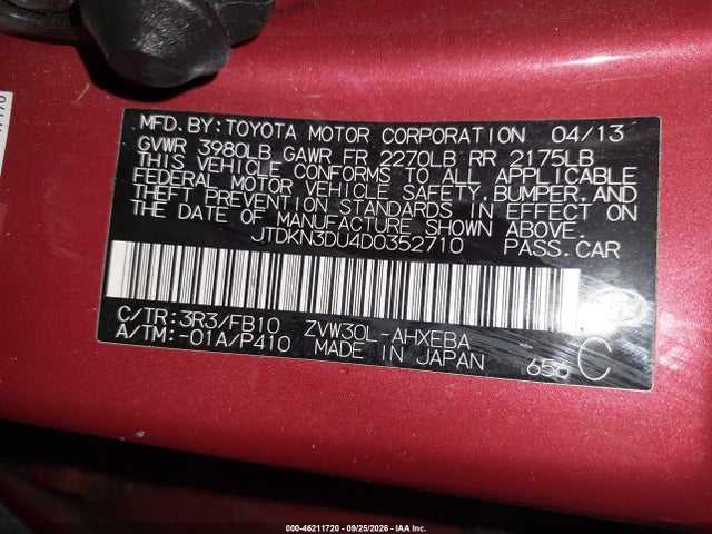 Продаж на аукціоні авто 2013 Toyota Prius, vin: JTDKN3DU4D0352710, номер лоту: 46211720