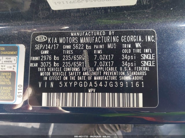 2018 Kia Sorento 3.3l Lx მანქანა იყიდება აუქციონზე, vin: 5XYPGDA54JG391161, აუქციონის ნომერი: 46211722
