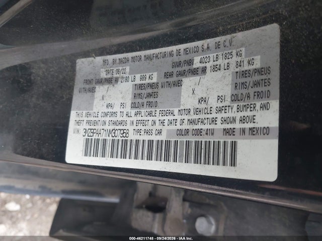 Aukcja sprzedaży 2022 Mazda Mazda3 2.0, vin: 3MZBPAA71NM307958, numer aukcji: 46211748