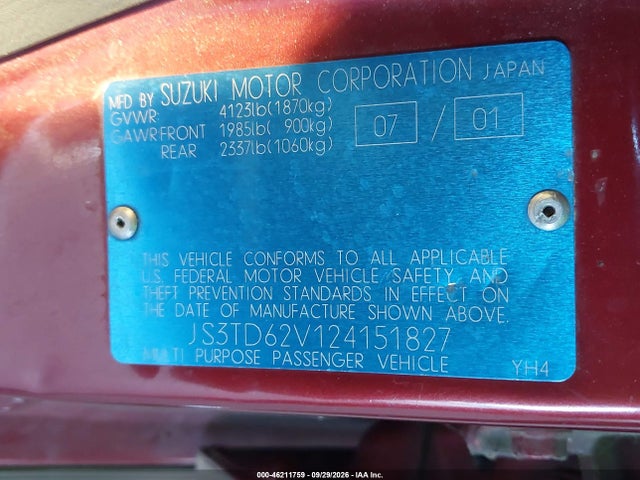 2002 Suzuki Grand Vitara Jlx/limited მანქანა იყიდება აუქციონზე, vin: JS3TD62V124151827, აუქციონის ნომერი: 46211759