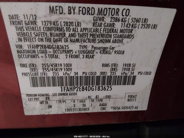 Aukcja sprzedaży 2013 Ford Taurus Sel, vin: 1FAHP2E84DG183625, numer aukcji: 46211777