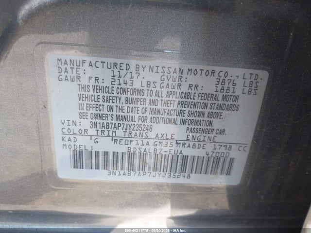 Продажа на аукционе авто 2018 Nissan Sentra S, vin: 3N1AB7AP7JY235248, номер лота: 46211778