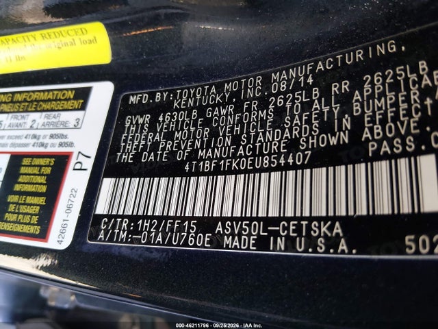 Продажа на аукционе авто 2014 Toyota Camry Se, vin: 4T1BF1FK0EU854407, номер лота: 46211796