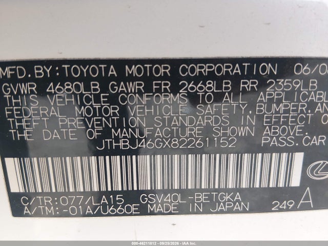 Aukcja sprzedaży 2008 Lexus Es 350, vin: JTHBJ46GX82261152, numer aukcji: 46211812