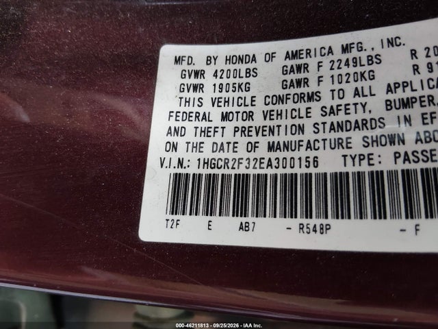 Aukcja sprzedaży 2014 Honda Accord Lx, vin: 1HGCR2F32EA300156, numer aukcji: 46211813