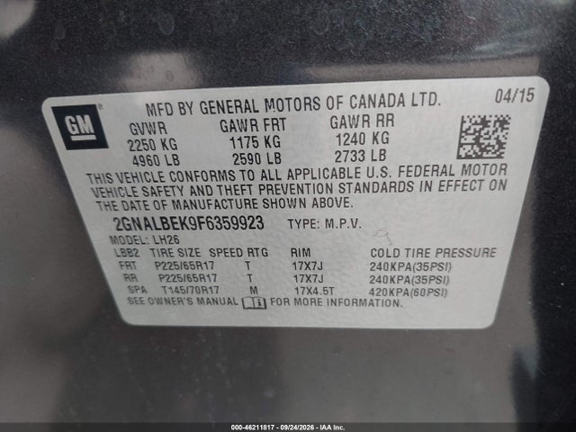 Aukcja sprzedaży 2015 Chevrolet Equinox 1lt, vin: 2GNALBEK9F6359923, numer aukcji: 46211817