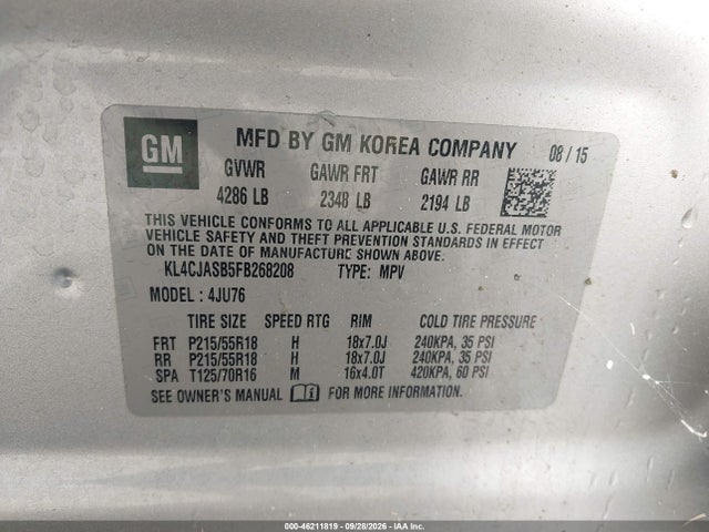 Продаж на аукціоні авто 2015 Buick Encore, vin: KL4CJASB5FB268208, номер лоту: 46211819
