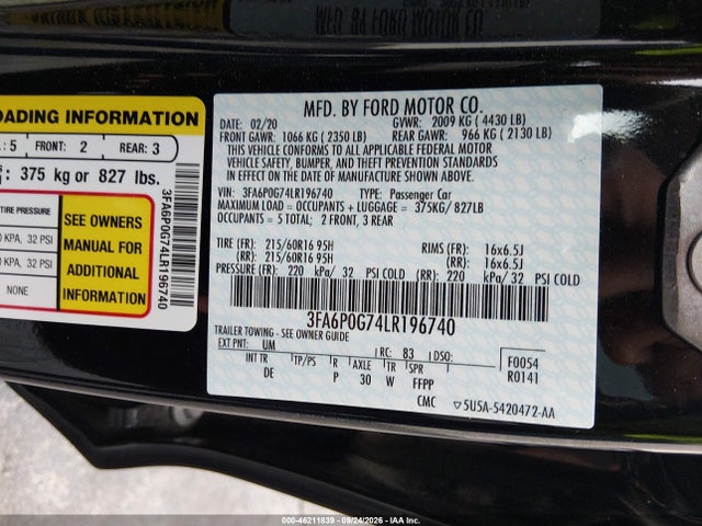 46211839 :رقم المزاد ، 3FA6P0G74LR196740 vin ، 2020 Ford Fusion S مزاد بيع