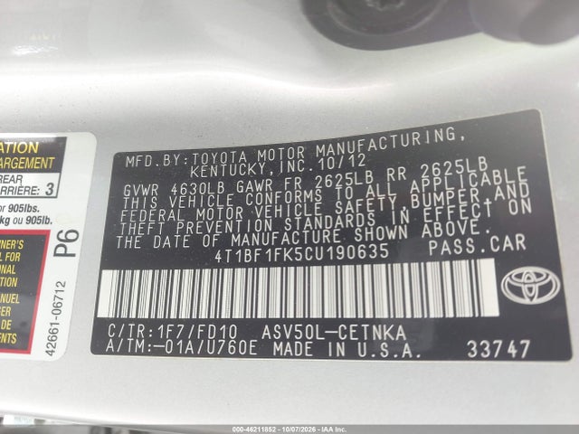 Aukcja sprzedaży 2012 Toyota Camry Le, vin: 4T1BF1FK5CU190635, numer aukcji: 46211852