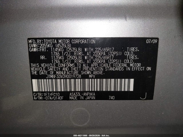 Aukcja sprzedaży 2009 Toyota Rav4, vin: JTMBF33V39D019728, numer aukcji: 46211868