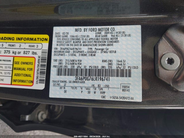 46211884 :رقم المزاد ، 3FA6P0G76LR196741 vin ، 2020 Ford Fusion S مزاد بيع