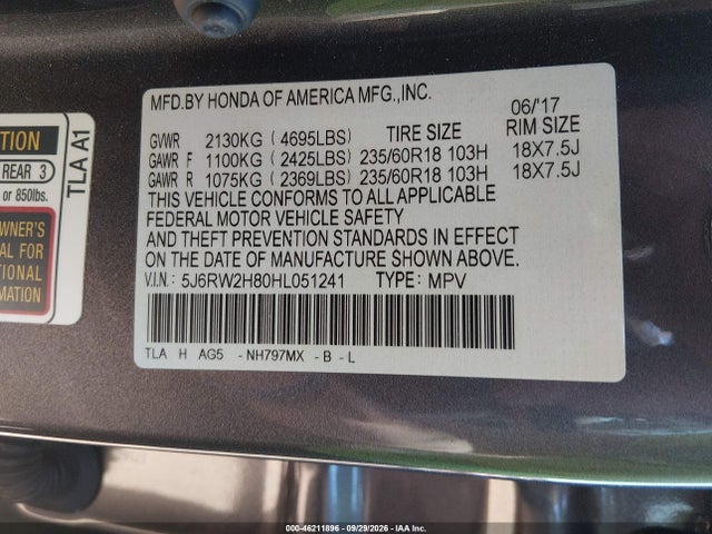 Продажа на аукционе авто 2017 Honda Cr-v Ex-l/ex-l Navi, vin: 5J6RW2H80HL051241, номер лота: 46211896