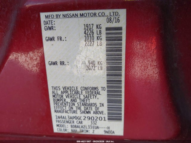 2016 Nissan Altima 2.5 Sr მანქანა იყიდება აუქციონზე, vin: 1N4AL3AP0GC290201, აუქციონის ნომერი: 46211907