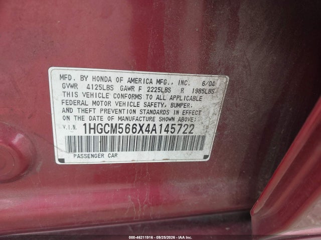 46211916 :رقم المزاد ، 1HGCM566X4A145722 vin ، 2004 Honda Accord 2.4 Ex مزاد بيع