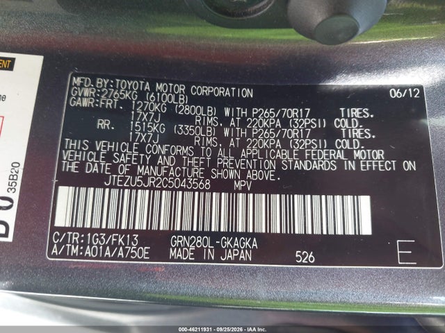 Продаж на аукціоні авто 2012 Toyota 4runner Sr5, vin: JTEZU5JR2C5043568, номер лоту: 46211931