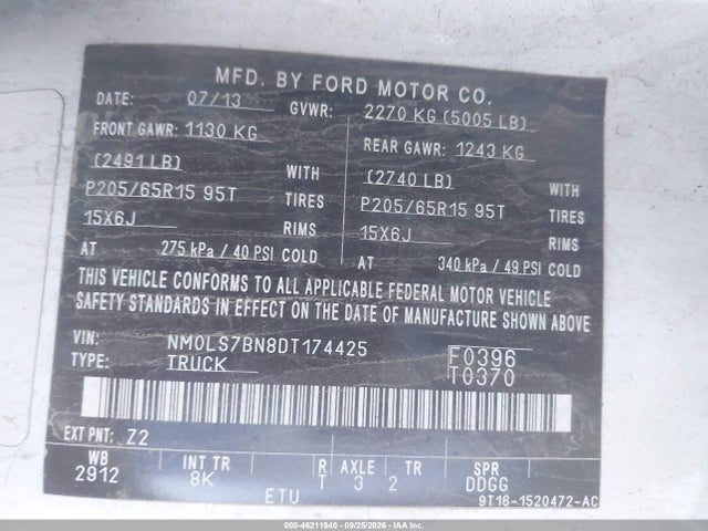 Продаж на аукціоні авто 2013 Ford Transit Connect Xlt, vin: NM0LS7BN8DT174425, номер лоту: 46211940