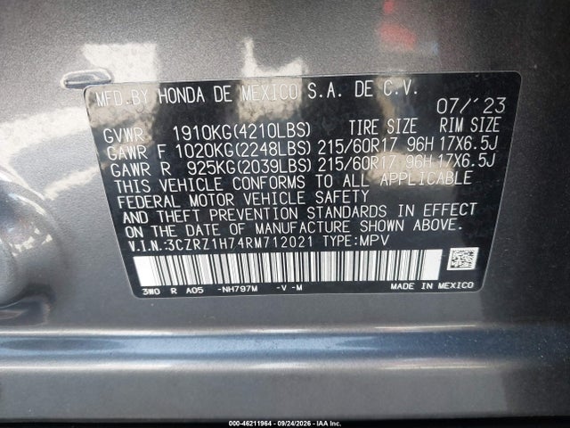 46211964 :رقم المزاد ، 3CZRZ1H74RM712021 vin ، 2024 Honda Hr-v 2wd Ex-l/2wd Ex-l W/o Bsi مزاد بيع