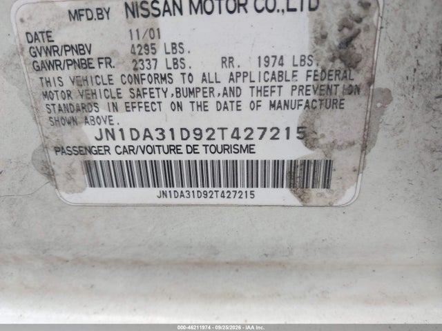 Продажа на аукционе авто 2002 Nissan Maxima Se, vin: JN1DA31D92T427215, номер лота: 46211974