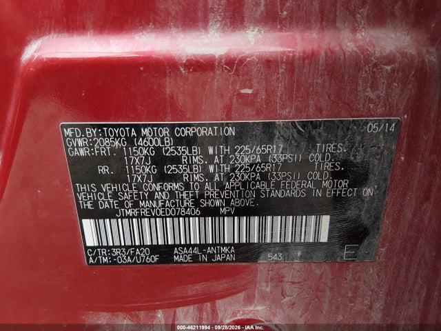 46211994 :رقم المزاد ، JTMRFREV0ED078406 vin ، 2014 Toyota Rav4 Xle مزاد بيع