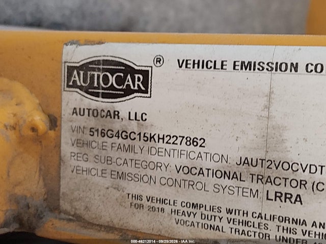 Продаж на аукціоні авто 2019 Autocar Llc Xspotter-off, vin: 516G4GC15KH227862, номер лоту: 46212014