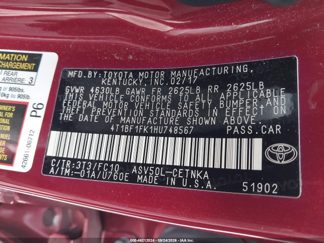46212024 :رقم المزاد ، 4T1BF1FK1HU748567 vin ، 2017 Toyota Camry Le مزاد بيع