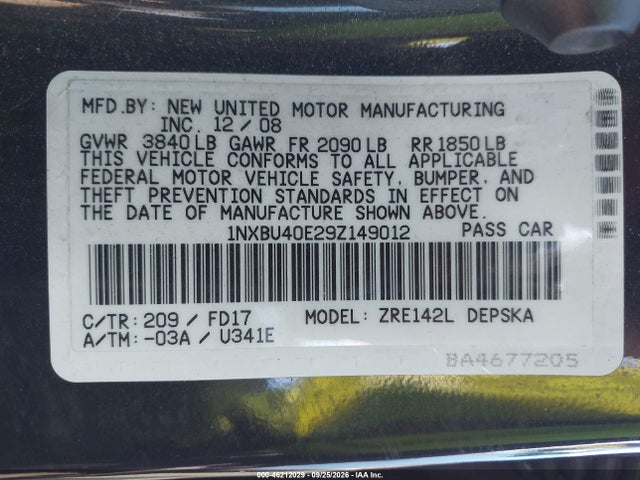 2009 Toyota Corolla S მანქანა იყიდება აუქციონზე, vin: 1NXBU40E29Z149012, აუქციონის ნომერი: 46212029