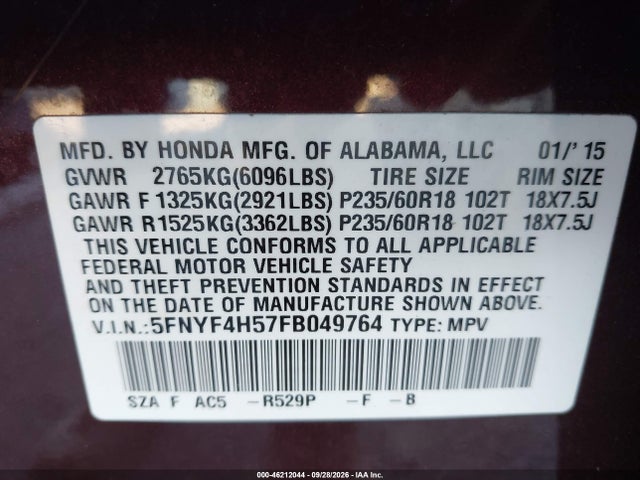 Продажа на аукционе авто 2015 Honda Pilot Ex-l, vin: 5FNYF4H57FB049764, номер лота: 46212044