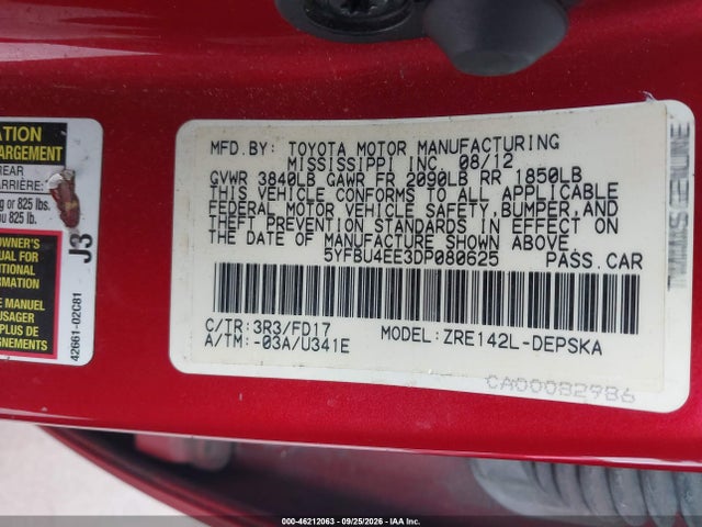 46212063 :رقم المزاد ، 5YFBU4EE3DP080625 vin ، 2013 Toyota Corolla S مزاد بيع
