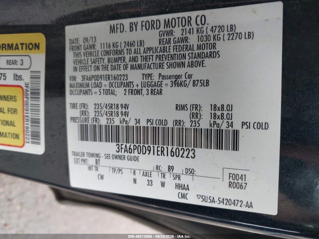Продажа на аукционе авто 2014 Ford Fusion Titanium, vin: 3FA6P0D91ER160223, номер лота: 46212068