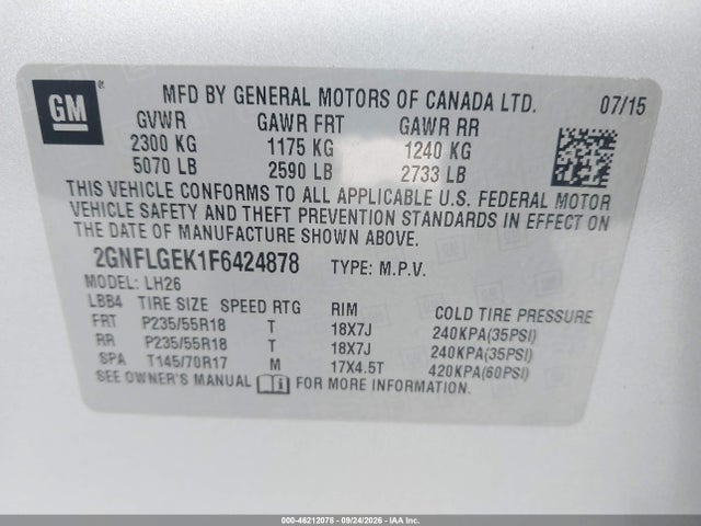 46212078 :رقم المزاد ، 2GNFLGEK1F6424878 vin ، 2015 Chevrolet Equinox 2lt مزاد بيع