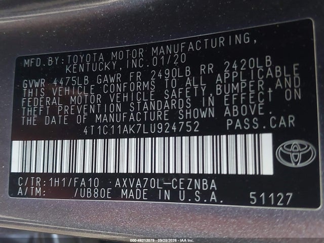 Toyota CAMRY LE 2020 4T1C11AK7LU924752 Image 9