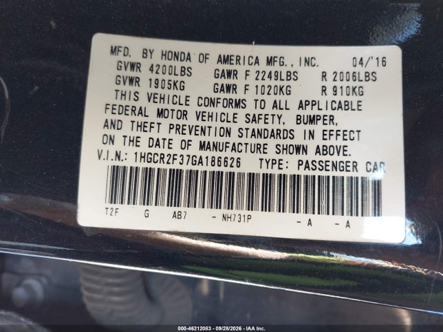 Продаж на аукціоні авто 2016 Honda Accord Lx, vin: 1HGCR2F37GA186626, номер лоту: 46212083