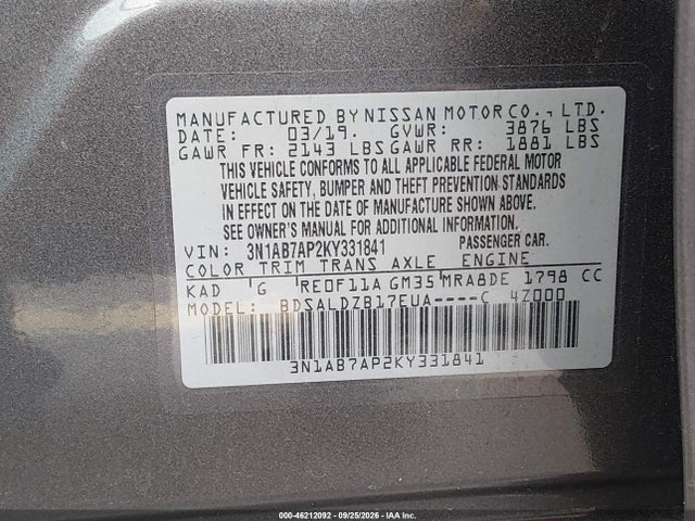 Aukcja sprzedaży 2019 Nissan Sentra Sv, vin: 3N1AB7AP2KY331841, numer aukcji: 46212092