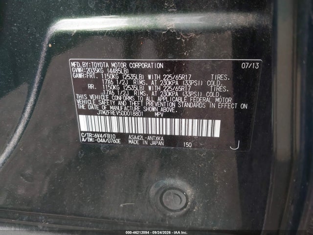 Продажа на аукционе авто 2013 Toyota Rav4 Le, vin: JTMZFREV5DD018801, номер лота: 46212094
