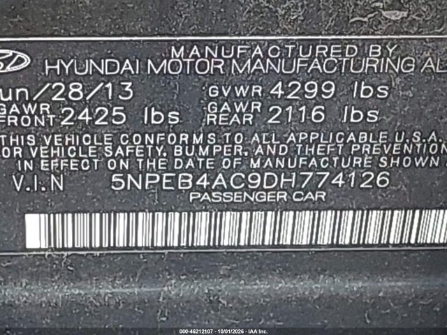 Продажа на аукционе авто 2013 Hyundai Sonata Gls, vin: 5NPEB4AC9DH774126, номер лота: 46212107
