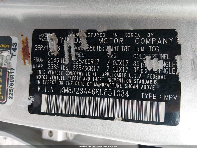 46212114 :رقم المزاد ، KM8J23A46KU851034 vin ، 2019 Hyundai Tucson Se مزاد بيع