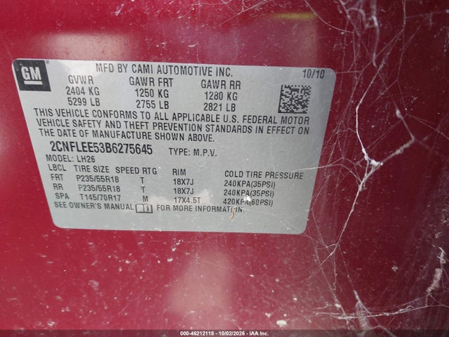 46212118 :رقم المزاد ، 2CNFLEE53B6275645 vin ، 2011 Chevrolet Equinox 1lt مزاد بيع