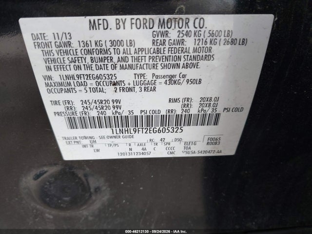 Продажа на аукционе авто 2014 Lincoln Mks Ecoboost, vin: 1LNHL9FT2EG605325, номер лота: 46212130