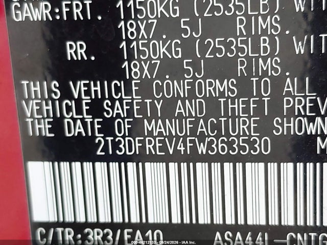 2015 Toyota Rav4 Limited მანქანა იყიდება აუქციონზე, vin: 2T3DFREV4FW363530, აუქციონის ნომერი: 46212133