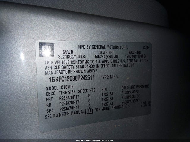 Продаж на аукціоні авто 2008 Gmc Yukon Sle, vin: 1GKFC13C88R242611, номер лоту: 46212154