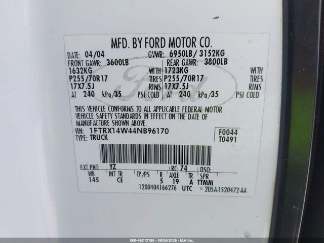Продаж на аукціоні авто 2004 Ford F-150 Stx/xl/xlt, vin: 1FTRX14W44NB96170, номер лоту: 46212155