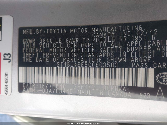 Продаж на аукціоні авто 2012 Toyota Corolla Le, vin: 2T1BU4EE5CC803583, номер лоту: 46212160