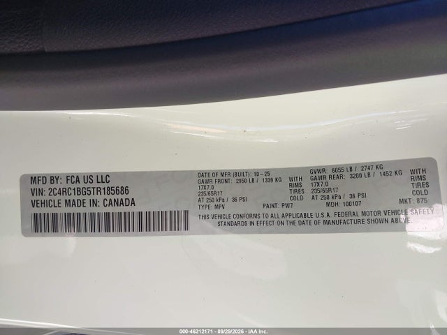 Aukcja sprzedaży 2026 Chrysler Pacifica Select, vin: 2C4RC1BG5TR185686, numer aukcji: 46212171