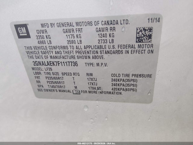Aukcja sprzedaży 2015 Chevrolet Equinox Ls, vin: 2GNALAEK7F1117736, numer aukcji: 46212175